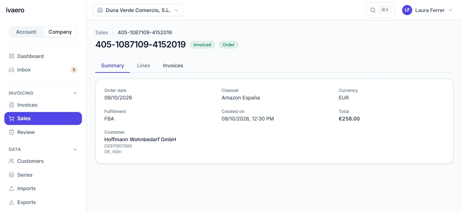 An Amazon order in ivaero: FBA fulfilment, channel, amount and the intra-EU buyer's tax details.