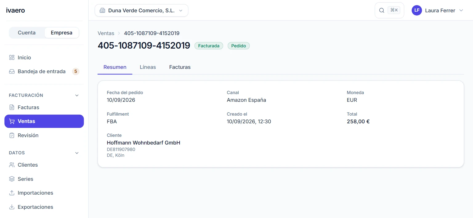 El detalle de un pedido de Amazon en ivaero: envío FBA, canal, importe y los datos fiscales del comprador intracomunitario.